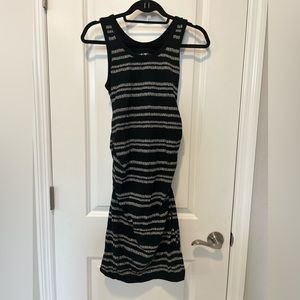 Maternity Dress - Midi length, curve hugging, black and off white/tan detail.